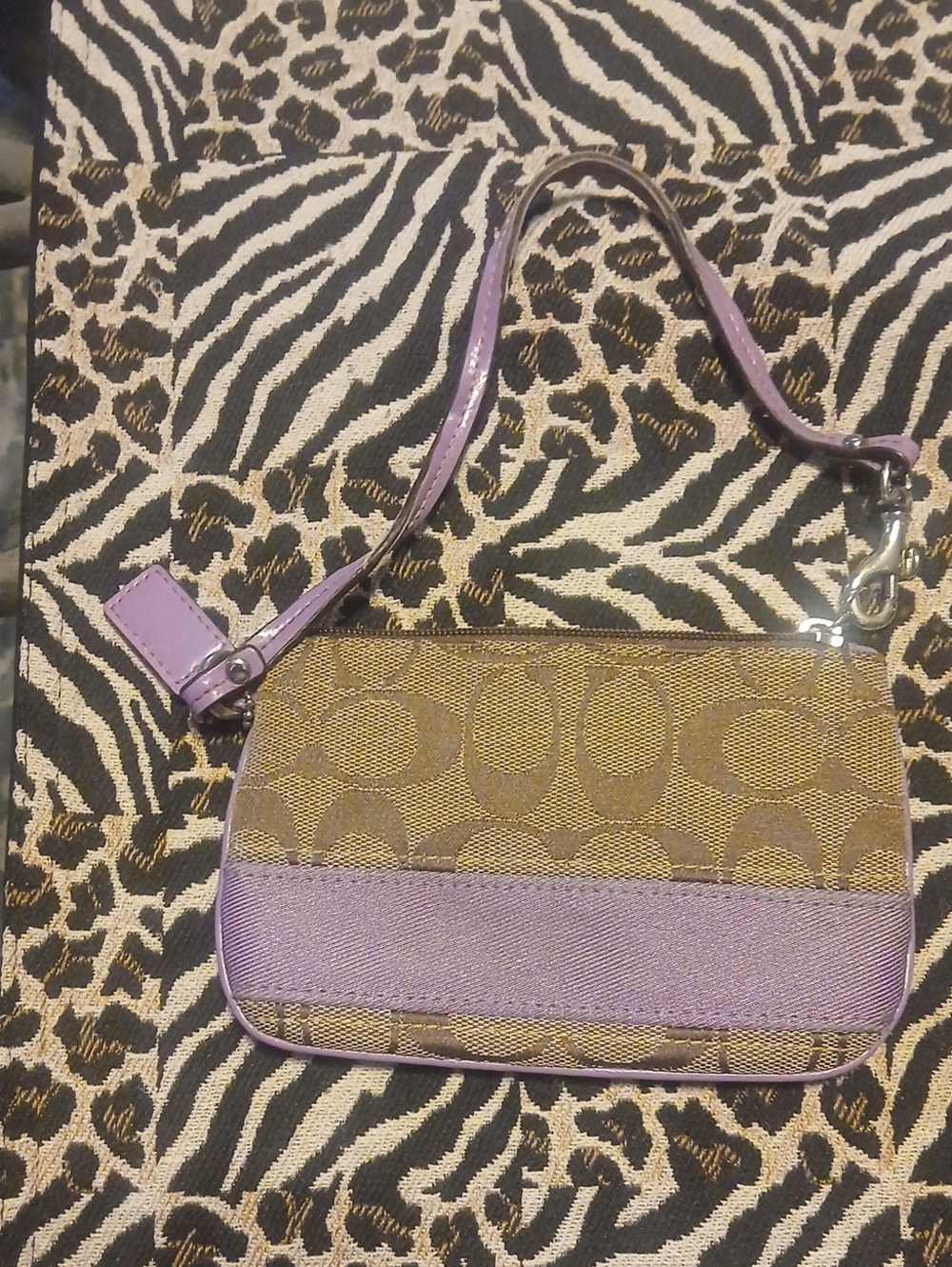 Coach Brown Signature Canvas Wristlet with Lilac Trim